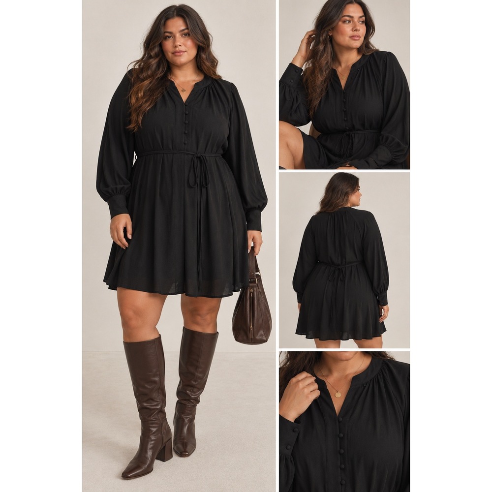 HM Womens XXL Black Long Sleeve Button Front Tie Waist Mini Shirt Dress